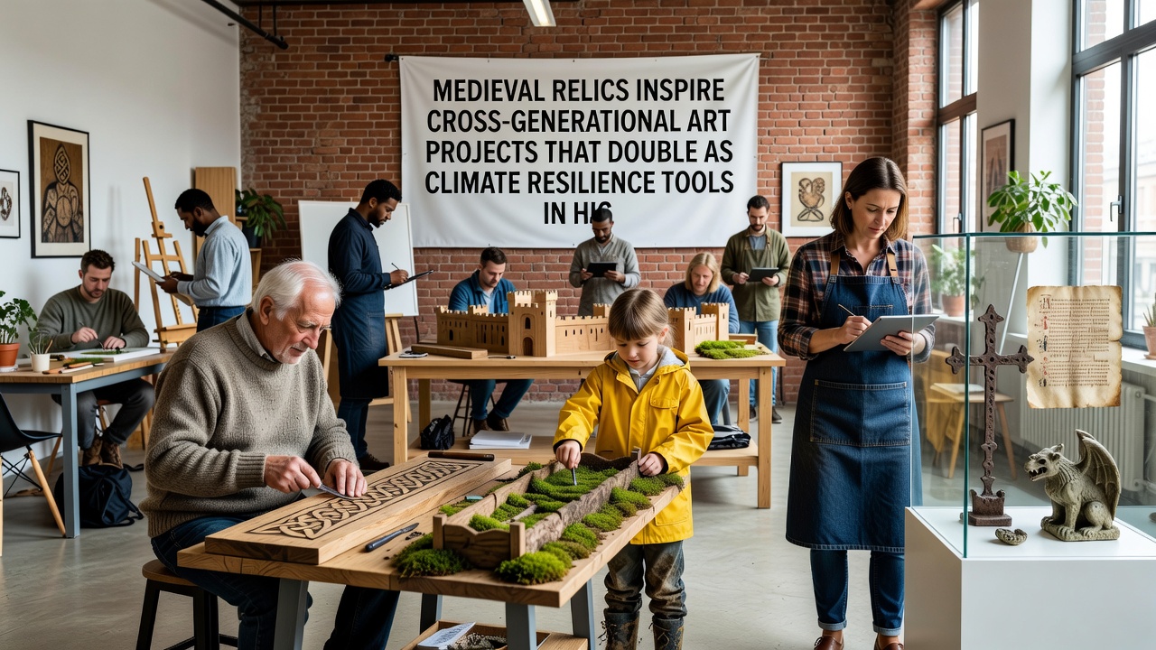Cross-generational group installing climate-resilient art structures near medieval relic sites in historic woodlands